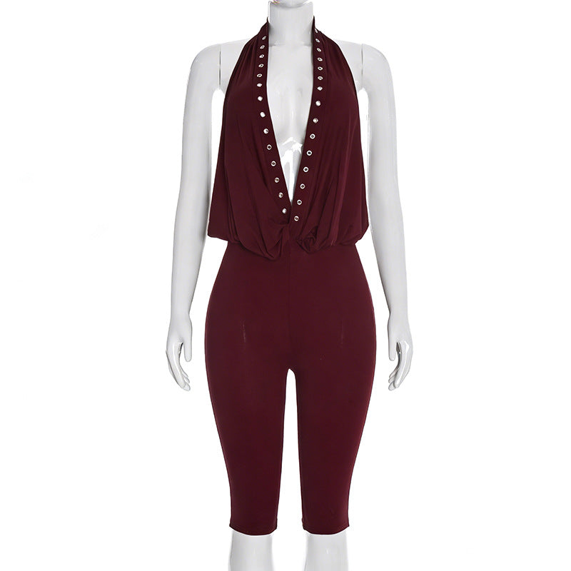 Womens Halter Deep V-Neck Rivet Eyelet Backless Cropped Jumpsuit