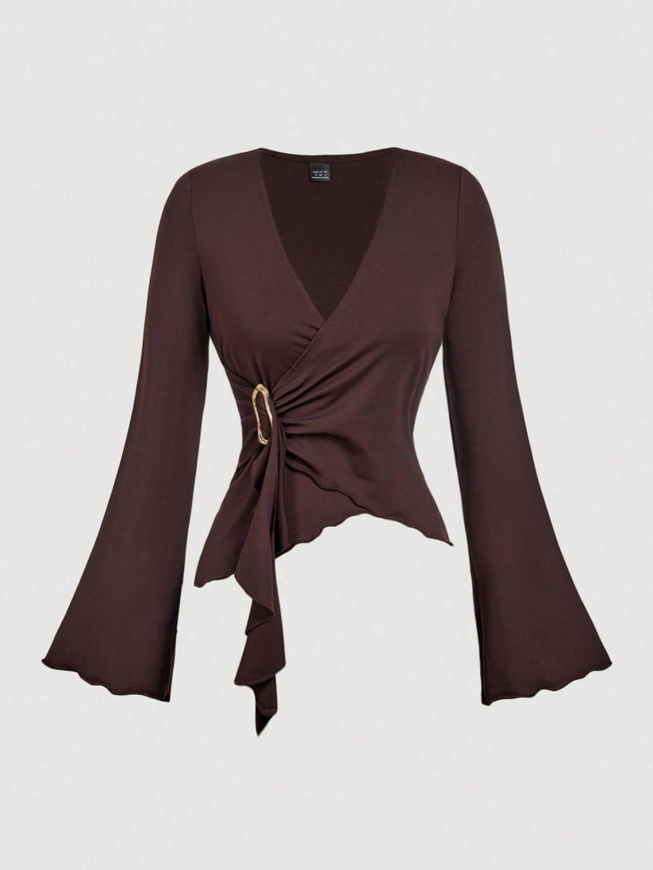 Womens Autumn New Solid-Color V-Neck Asymmetrical Long-Sleeve T-Shirt
