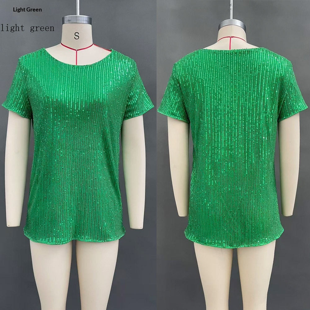 Women's Commuter Sequin Loose Crew Neck Short-Sleeve Top