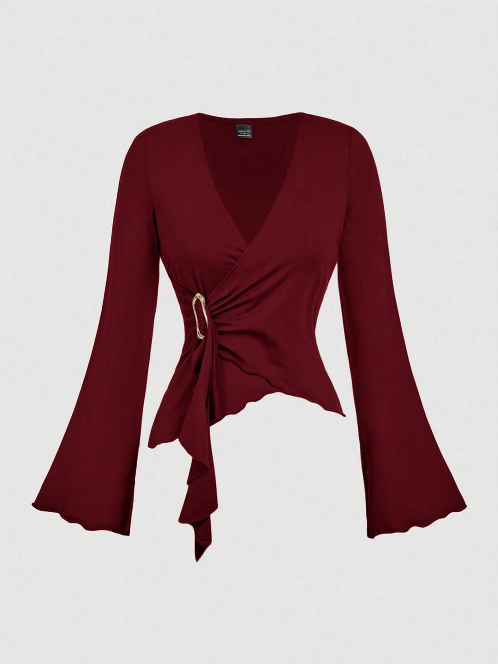 Womens Autumn New Solid-Color V-Neck Asymmetrical Long-Sleeve T-Shirt