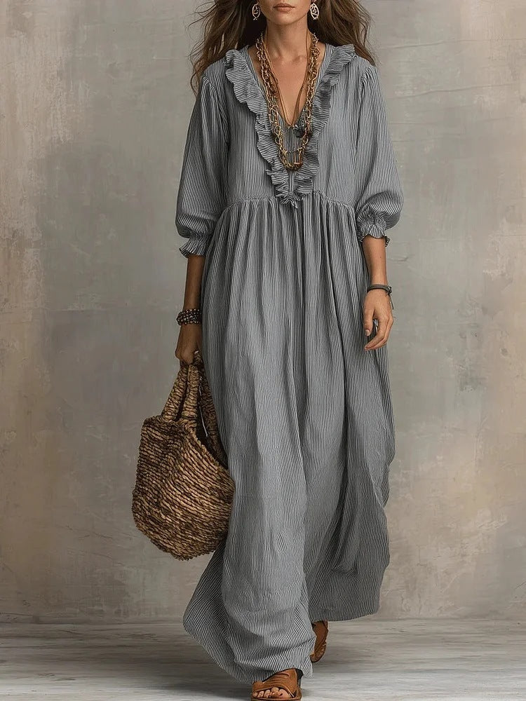 Womens Striped Ruffle-Trimmed Loose High-Waist V-Neck Dress