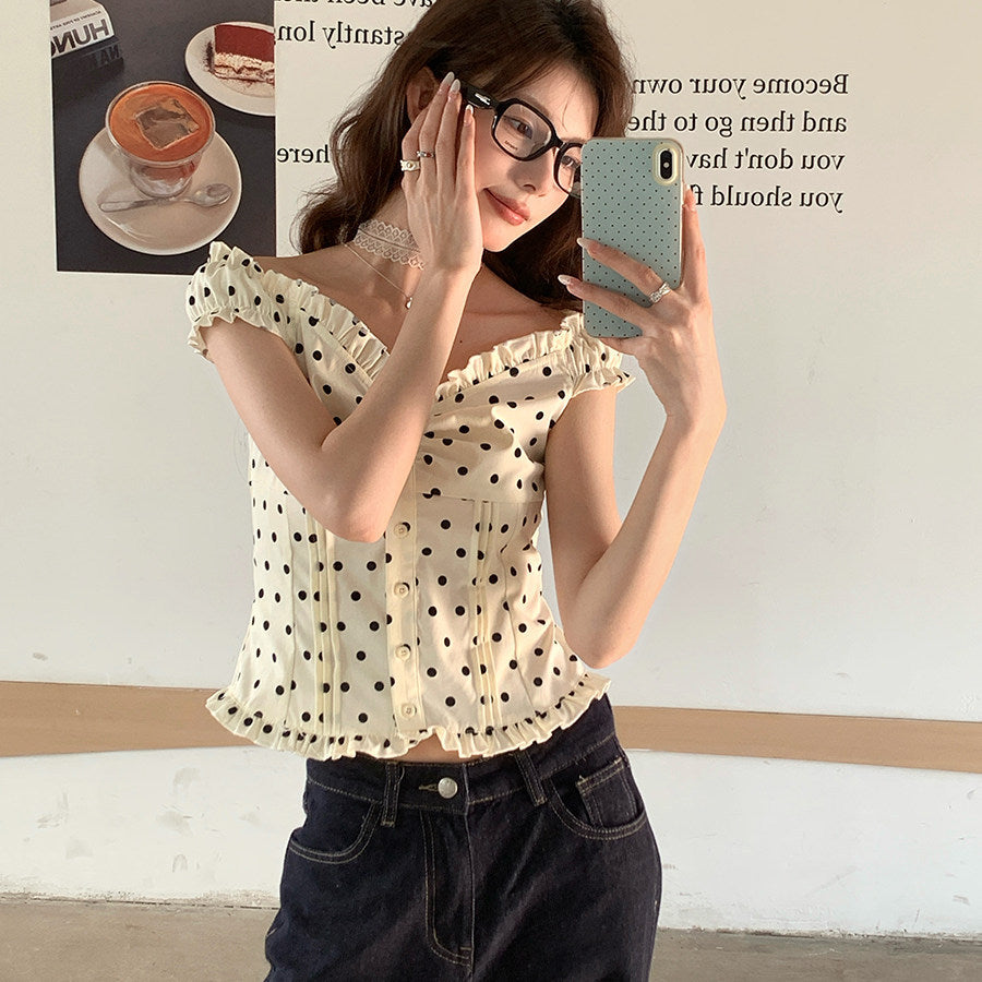 Polka-dot Off-shoulder Waist-cinching Slim-fit Blouse For Women