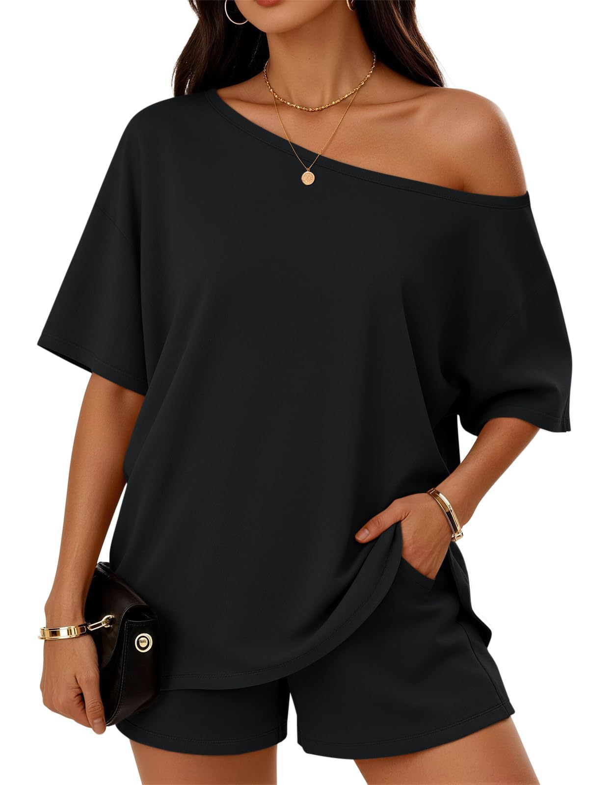 Womens 2-piece Fashionable Casual Set Slant-Neck Top And Shorts