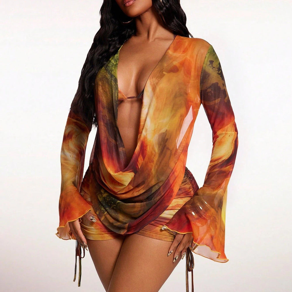 Painted-print Boxer Swimsuit Womens Mesh Sheer Modest Hot Spring Swimwear