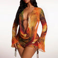 Painted-print Boxer Swimsuit Womens Mesh Sheer Modest Hot Spring Swimwear