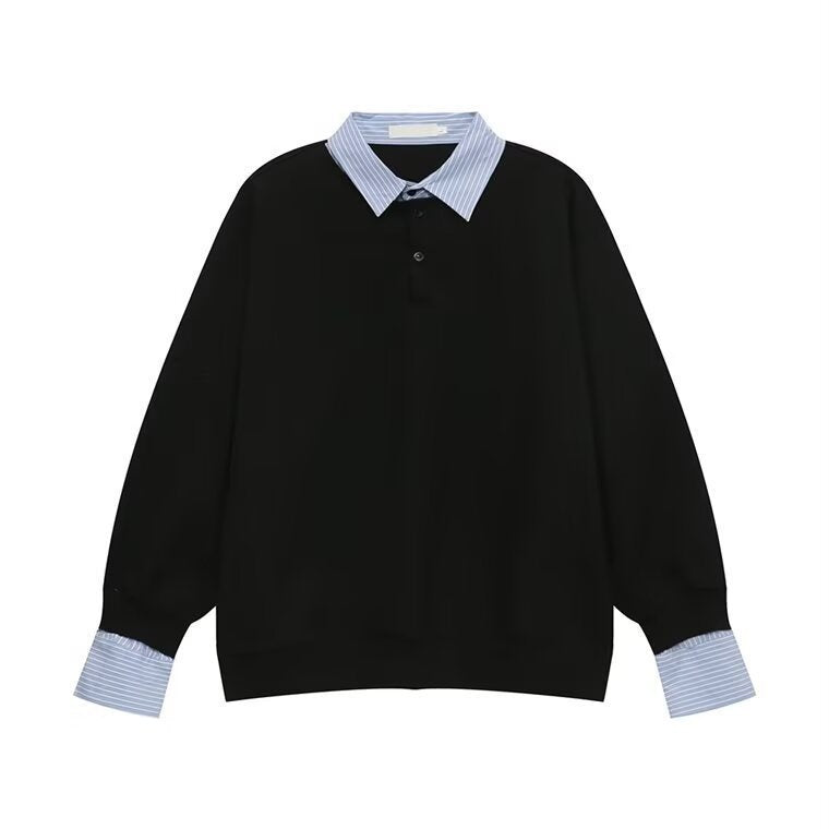 American-style Streetwear Faux Two-piece Fleece-lined Shirt-collar Hoodie