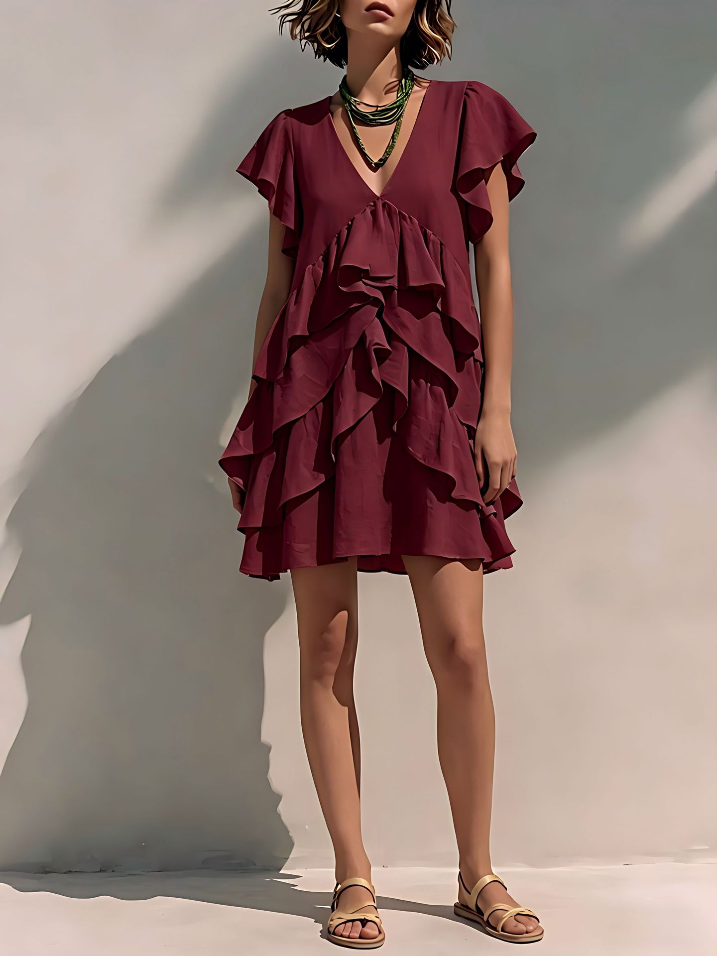 Women's V-Neck Ruffled-Edge Short-Sleeve Casual Loose Dress