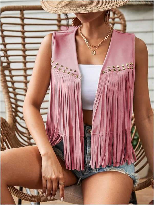 Womens Tassel Sleeveless Vest With Suede Tassels