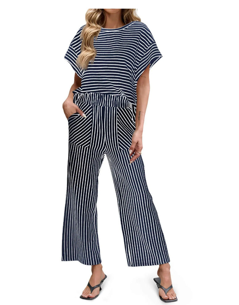 Womens Striped Short-Sleeve T-Shirt And Wide-Leg Pants Set With Pockets