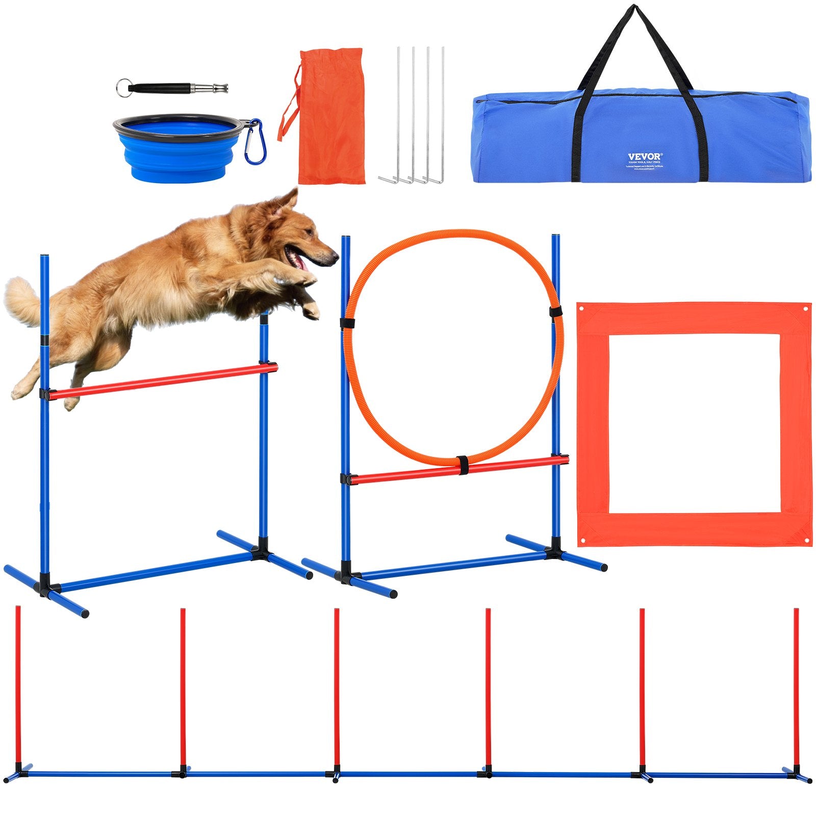 Dog Agility Training Equipment, 4-Piece Set with Adjustable High Hurdles, 6 Slalom Poles, Jump Ring