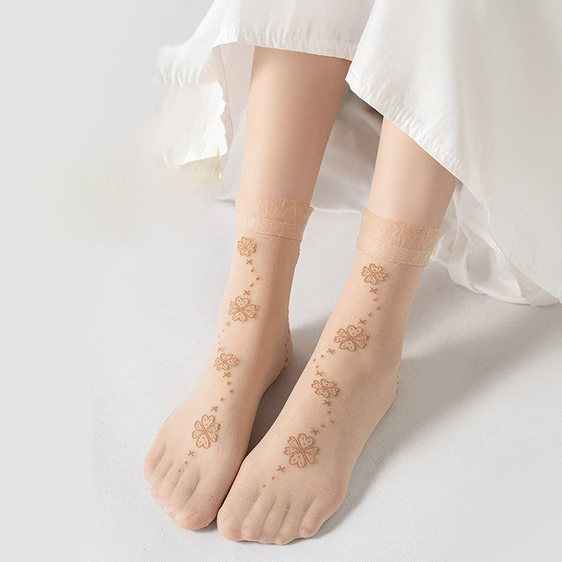 10pairs Women's Lace And Lace Loose Mouth Short Stockings, Women's Thin Design, Core Wrapped Silk Short Stockings, Ultra-thin Summer