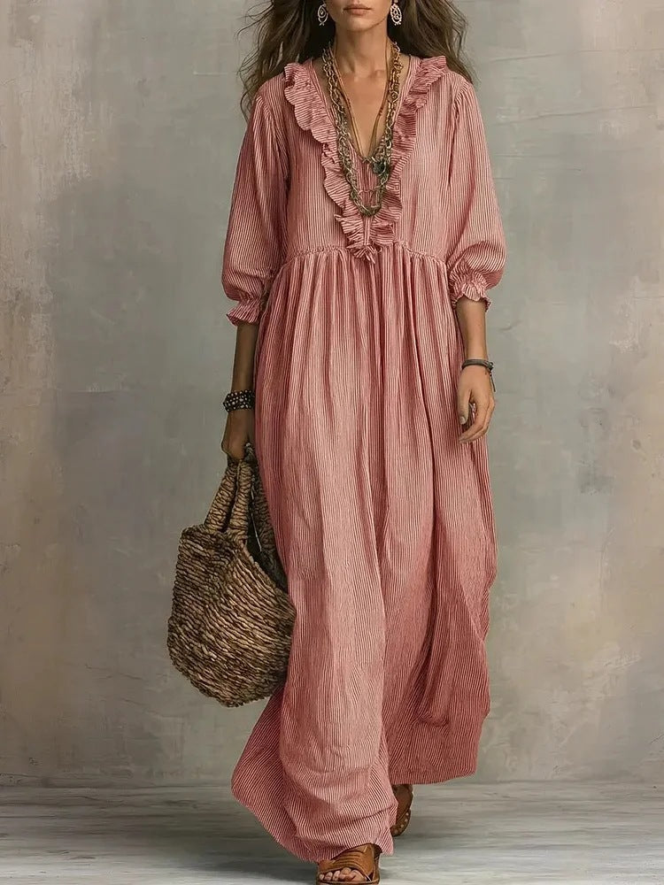 Womens Striped Ruffle-Trimmed Loose High-Waist V-Neck Dress