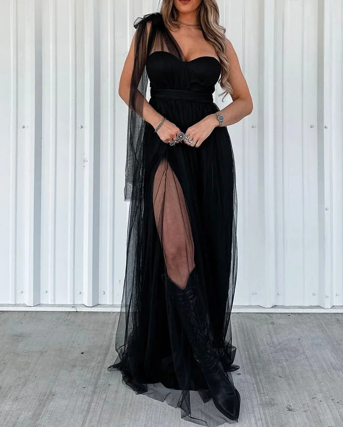 Womens Mesh-Panelled Strap Long Dress
