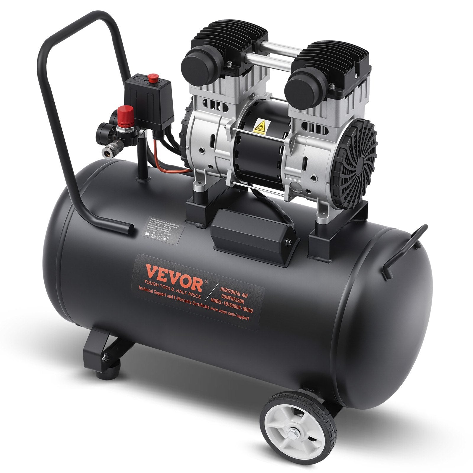 VEVOR Air Compressor 15 Gallon Steel Tank 2 HP 53 CFM@90 PSI Oil-Free Air Compressor and Max. 125 PSI Pressure