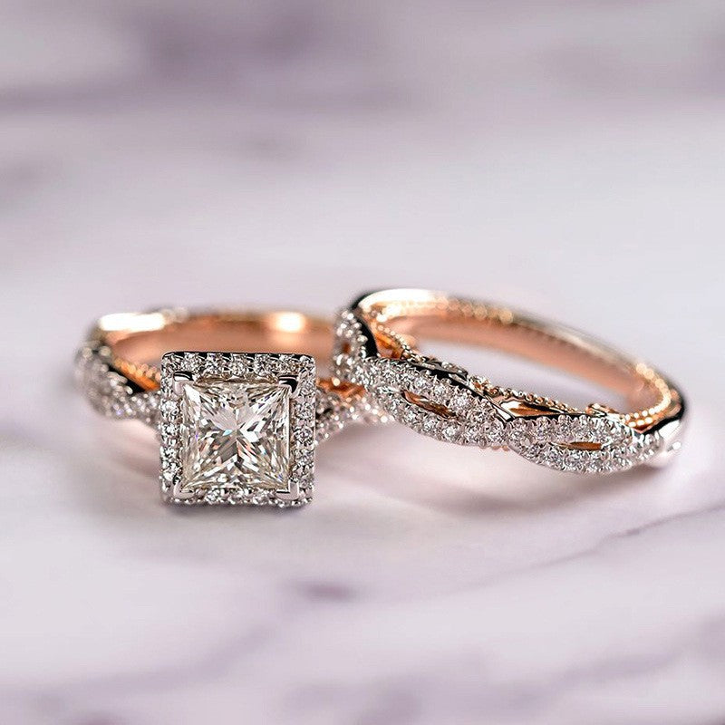 Green Hollow Rose Gold Three-Piece Diamond-Encrusted Zircon Ring Set
