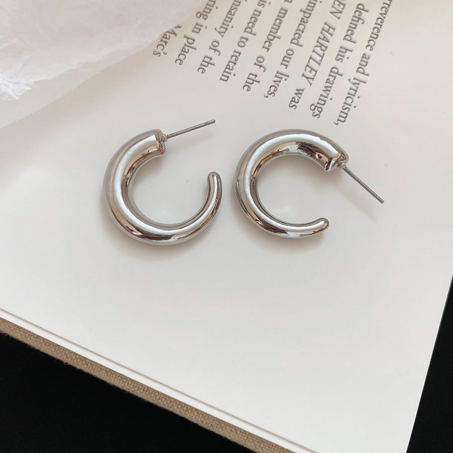 Women Cold Style Minimalist Silver Hoop Earrings Light Luxury All-Match Studs
