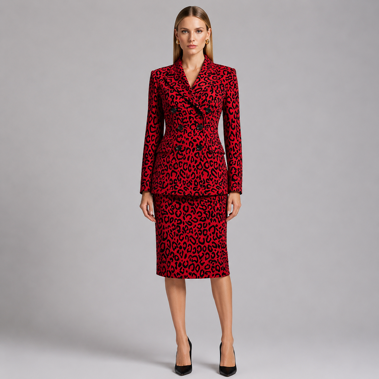 Leopard Print Double Breasted Blazer & Midi Pencil Skirt 2-Piece Suit Set