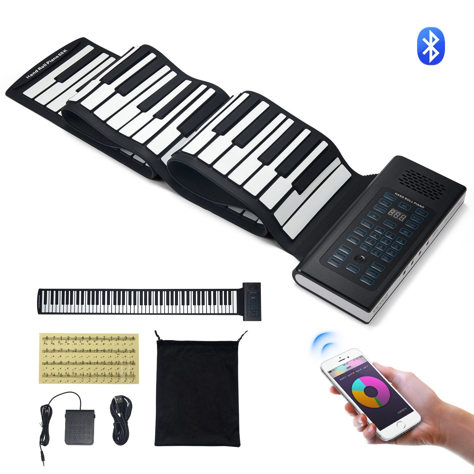 88-Key Roll-Up Piano, 128 Rhythms, 128 Tones, Portable Electric Digital Hand Roll Piano with Rechargeable Battery