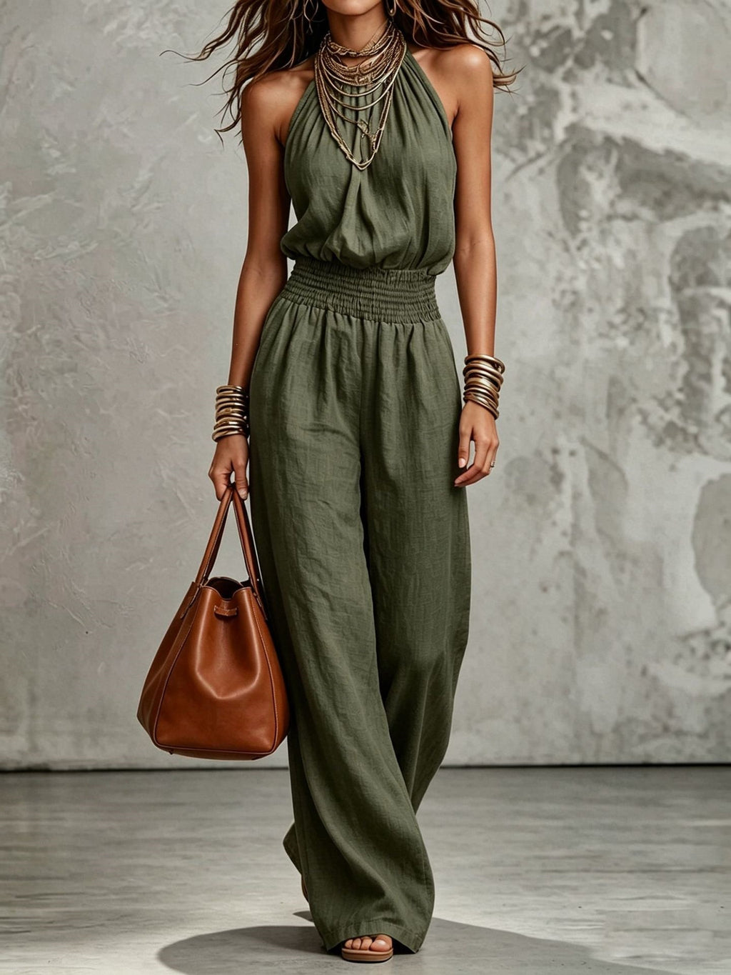 Womens Sleeveless Backless Cinched Waist Lace-up Halter Wide-leg Jumpsuit