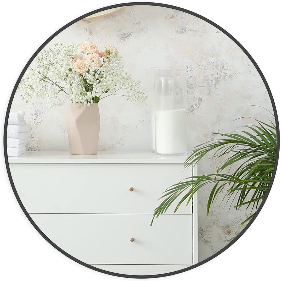 30 Inch Black Metal Framed Round Bathrrom Mirror For Wall.