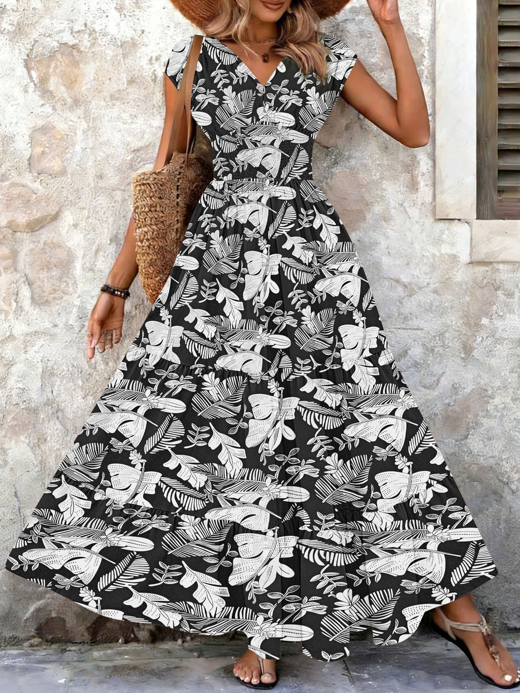 Vintage-print Dress Fashionable And Elegant V-neck Womens Wear
