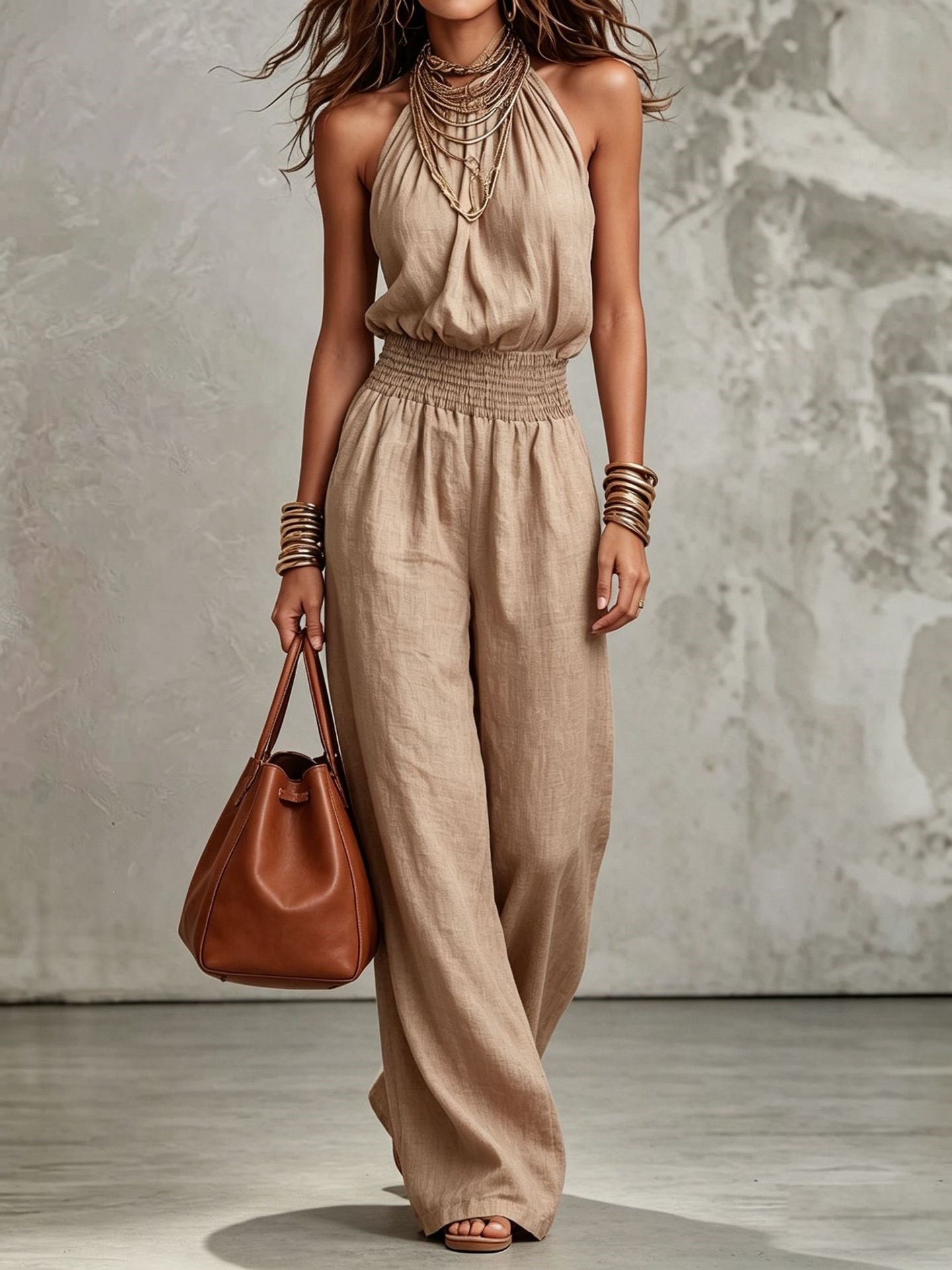 Womens Sleeveless Backless Cinched Waist Lace-up Halter Wide-leg Jumpsuit
