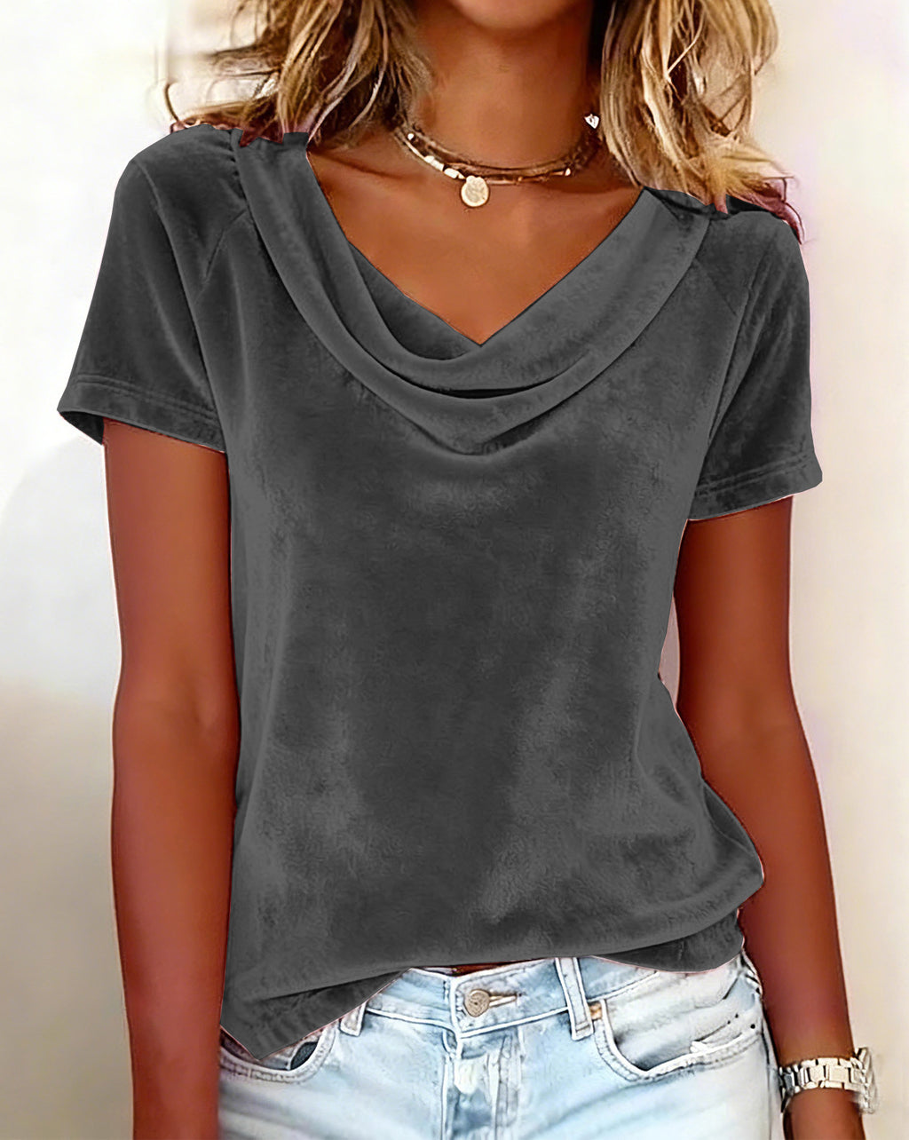 Solid-color Casual Cowl-neck Sexy Velvet Short-sleeve