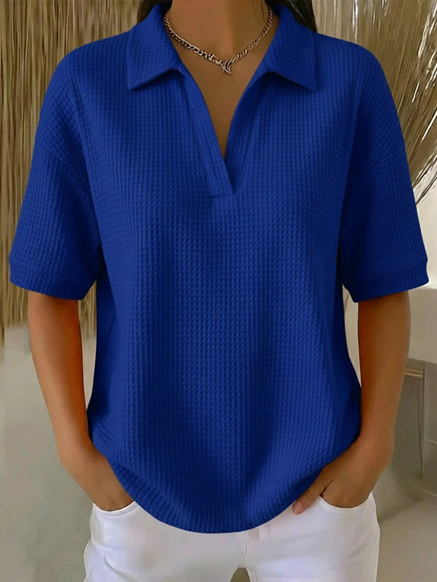 V Neck Waffle Knit Solid Color Loose Fitting Pullover Top