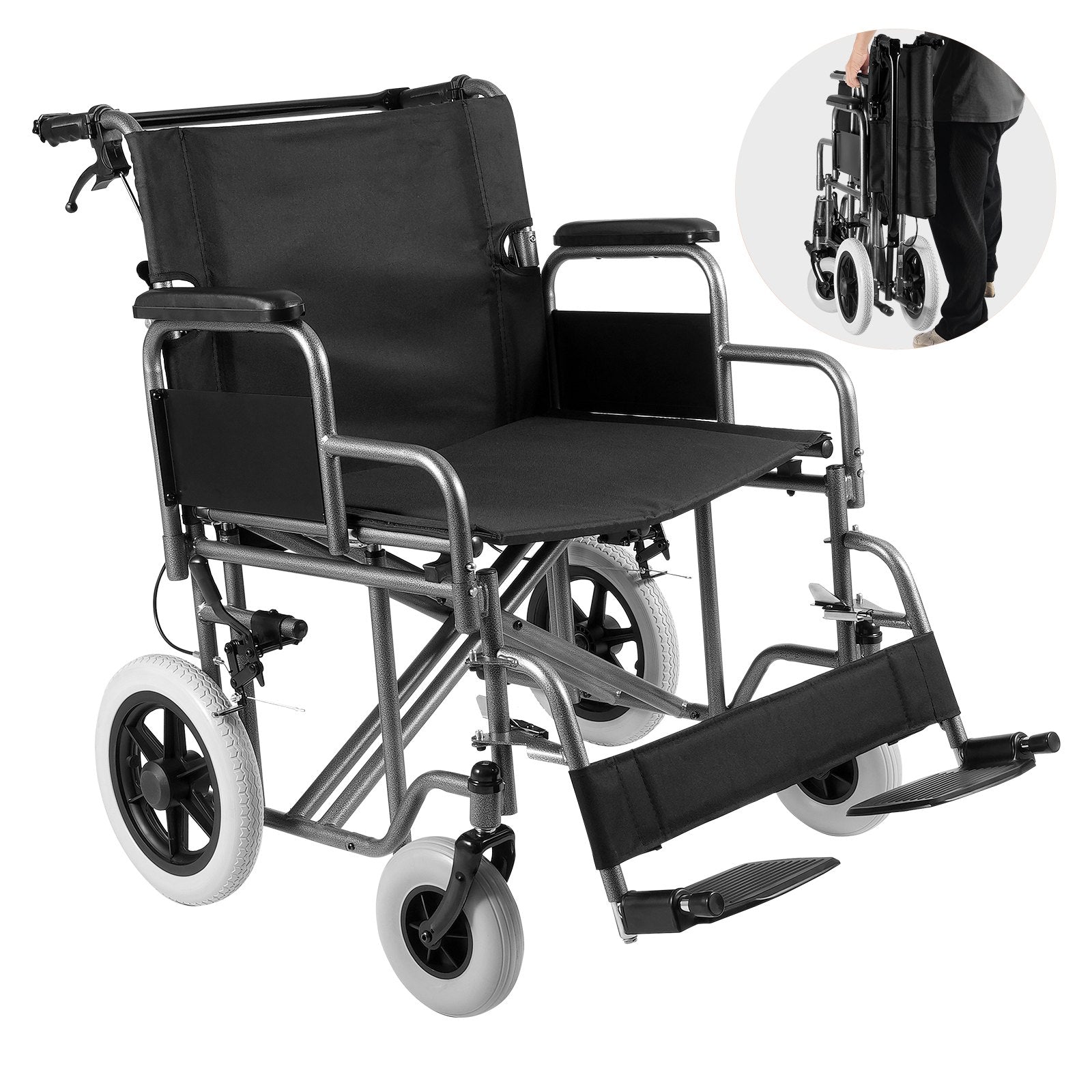 Carbon Steel Transport Wheelchair for Adults, Foldable Wheelchair with Detachable Armrest, Self-Locking Brake