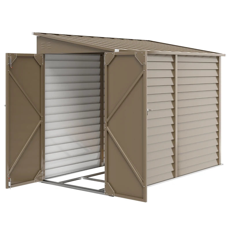 4.6' X 9' Outdoor Storage Shed, Lean To Metal Shed With Foundation Kit, Lockable Doors And Gloves For Patio, Lawn, Brown