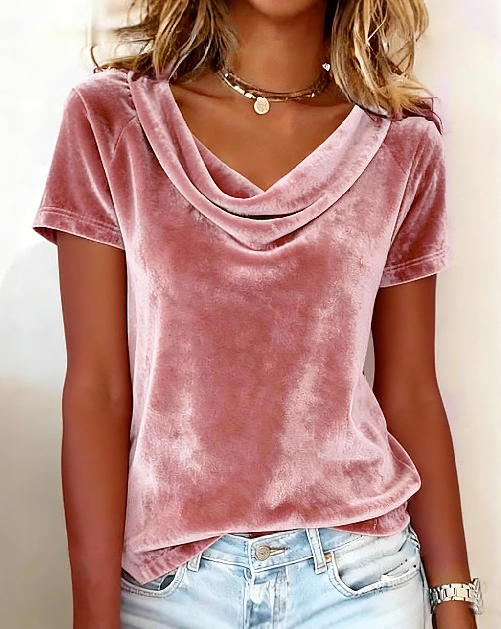 Solid-color Casual Cowl-neck Sexy Velvet Short-sleeve