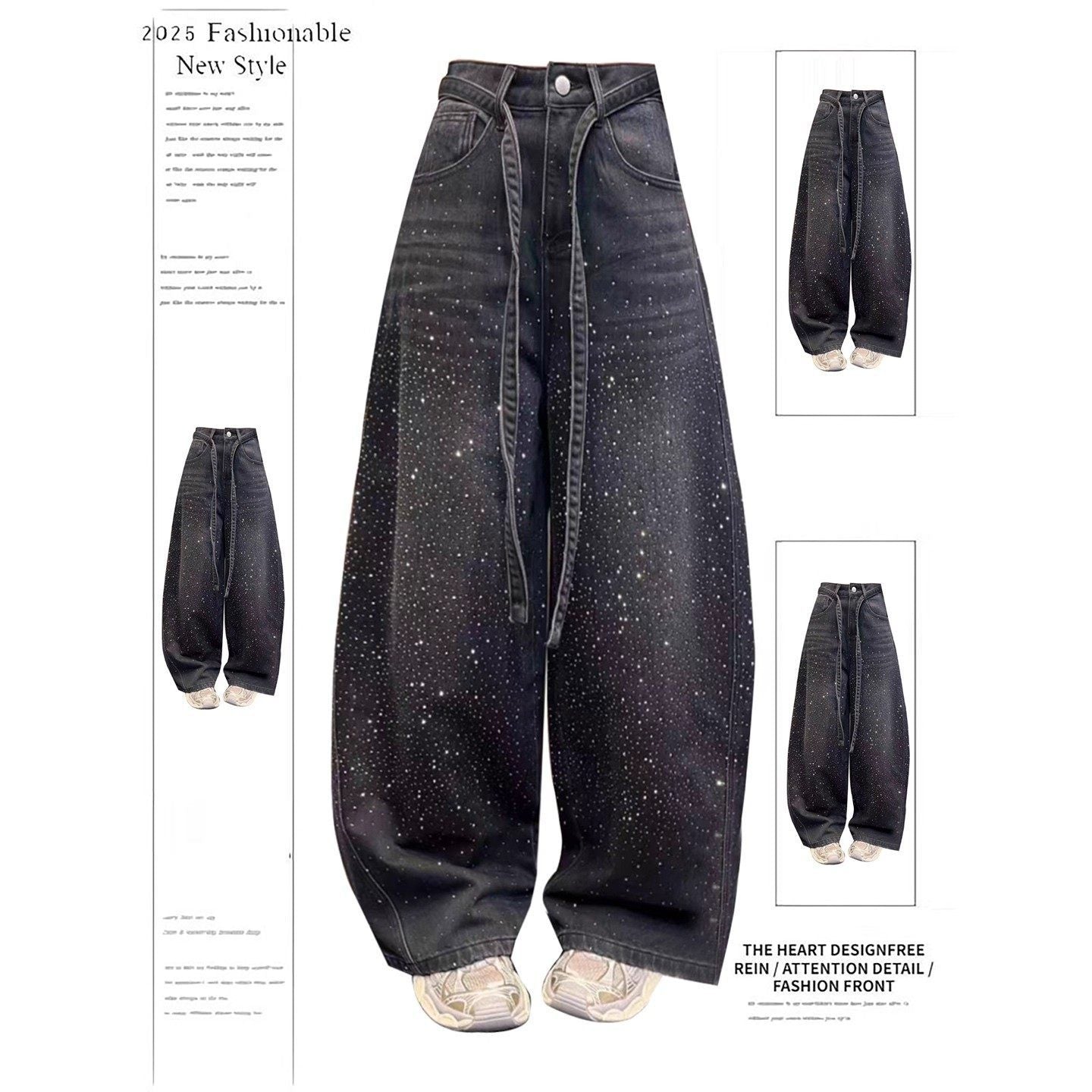 Babys-breath Hot-stone-embellished Wide-leg Denim Jeans For Women