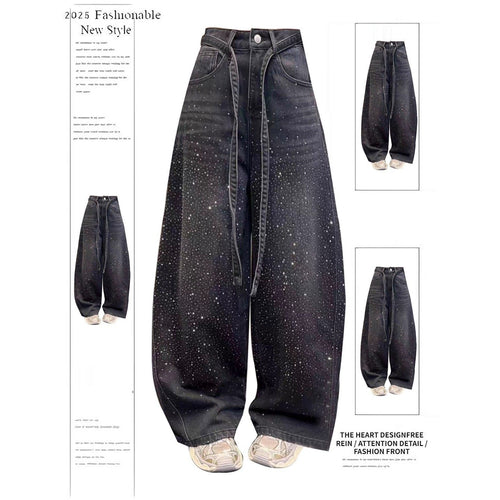 Babys-breath Hot-stone-embellished Wide-leg Denim Jeans For Women
