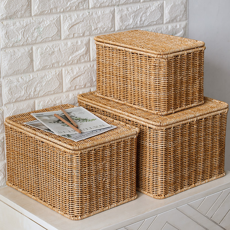 Rattan-woven Storage Basket With Lid Wardrobe Organizing Basket