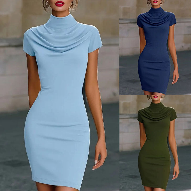 Womens Solid-Colored Stand-Up Collar Short-Sleeve Casual Loose Dress
