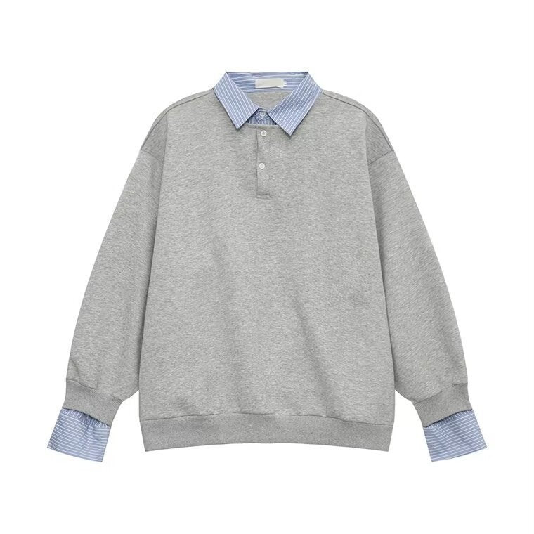 American-style Streetwear Faux Two-piece Fleece-lined Shirt-collar Hoodie