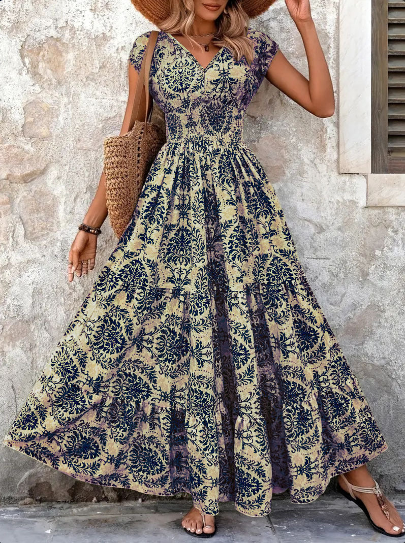 Vintage-print Dress Fashionable And Elegant V-neck Womens Wear