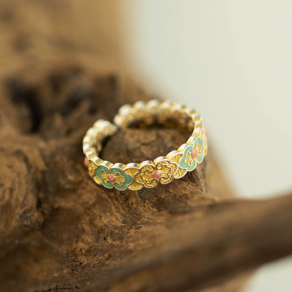 1pc 999 Sterling Silver Filigree Enamel Clover Open Ring, Retro Chinese Style, Perfect For Daily Wear And Holiday Gift