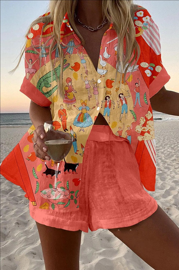 Women's Fashion Printed Casual Vacation Style Cardigan Shorts Suit