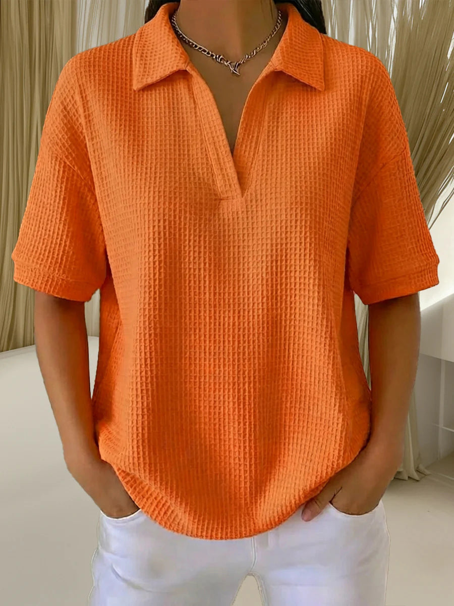 V Neck Waffle Knit Solid Color Loose Fitting Pullover Top