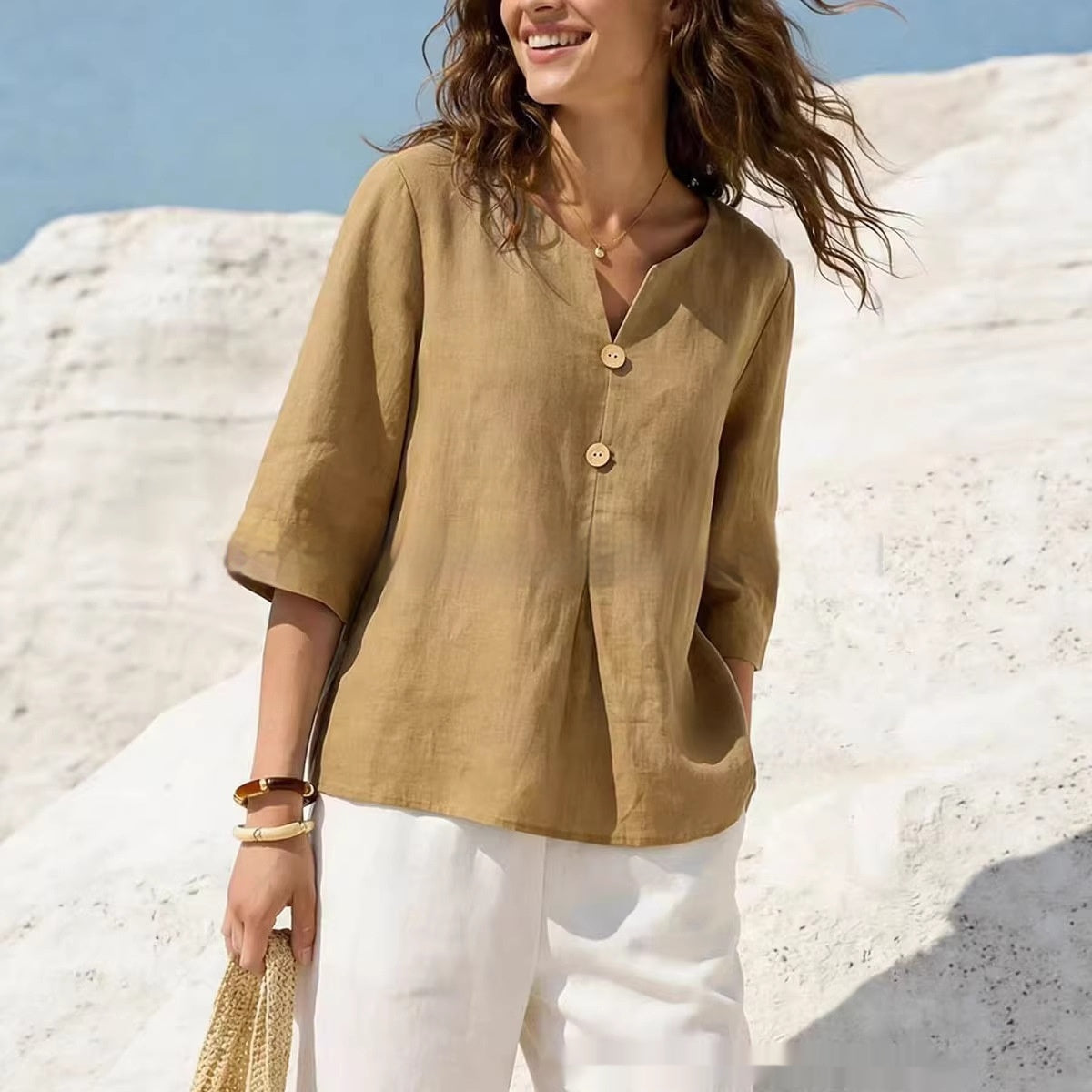 New Solid-Colored Casual Cotton-Linen Womens V-Neck Button-Up Shirt