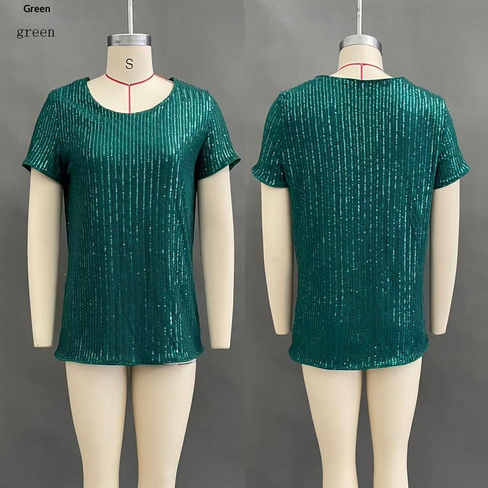 Women's Commuter Sequin Loose Crew Neck Short-Sleeve Top