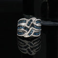 European Retro Platinum Plated Copper Full Inlaid Blue Zircon Ring, Heavy Craft Braided Hollow Out Band, Hot Selling Banquet Hand Jewelry