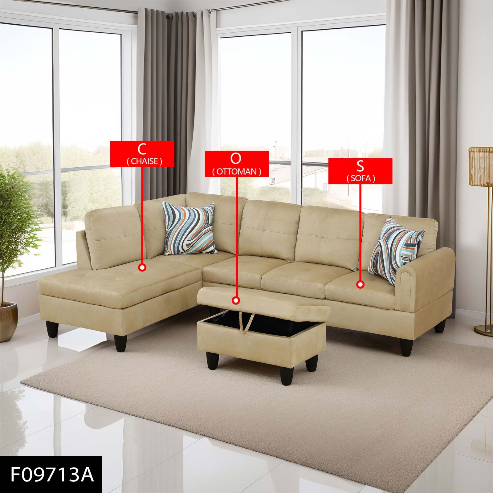 Pickup Only--Beige Flannel 3-Piece Sofa Set