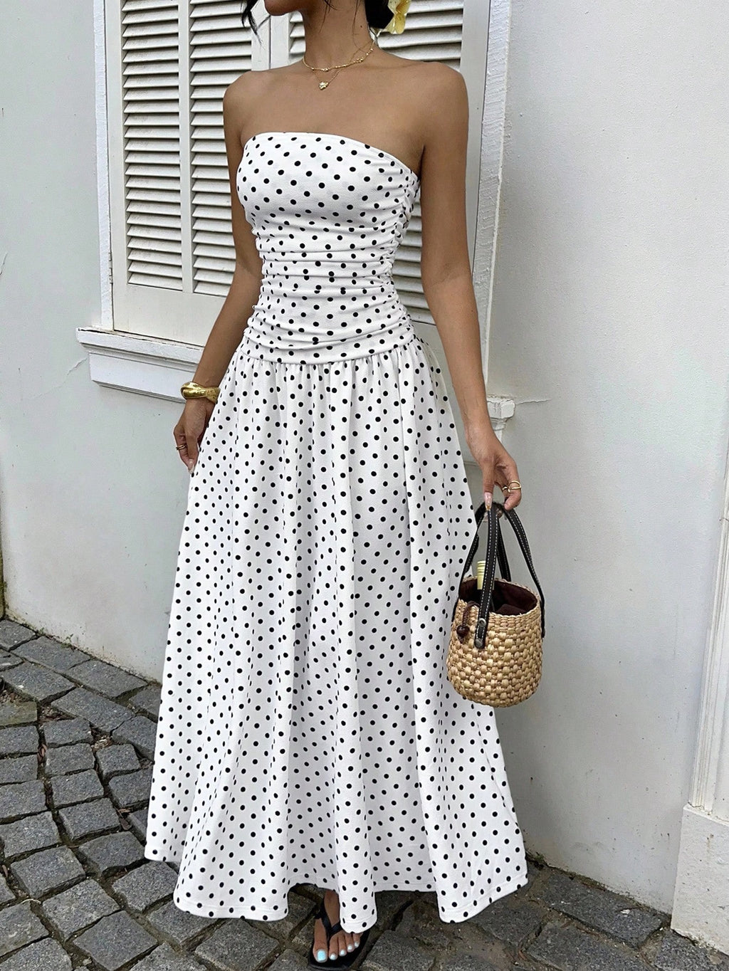 Off-the-shoulder Polka-dot A-line Waist-cinched Figure-flattering Dress