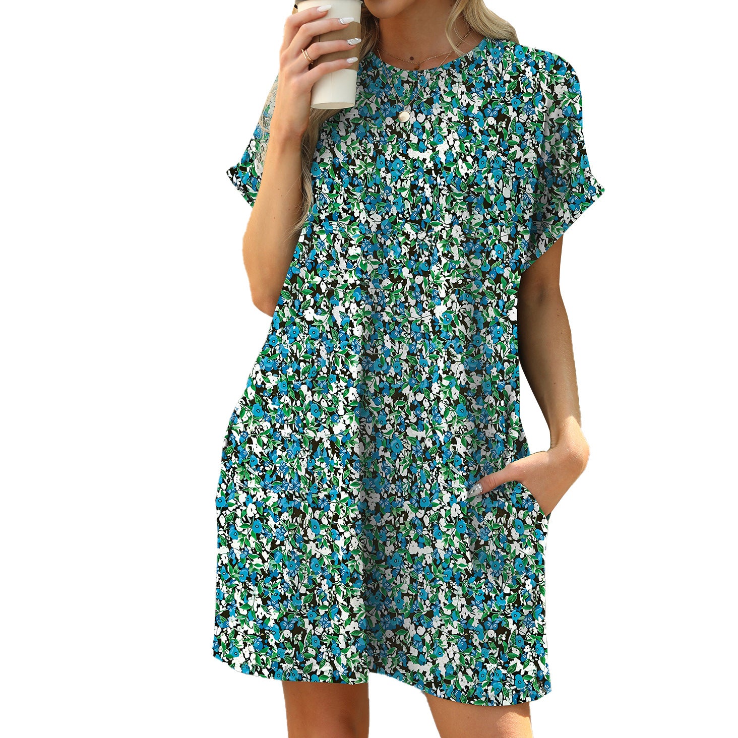 Loose Round-Neck Short-Sleeve Printed Pocket Dress
