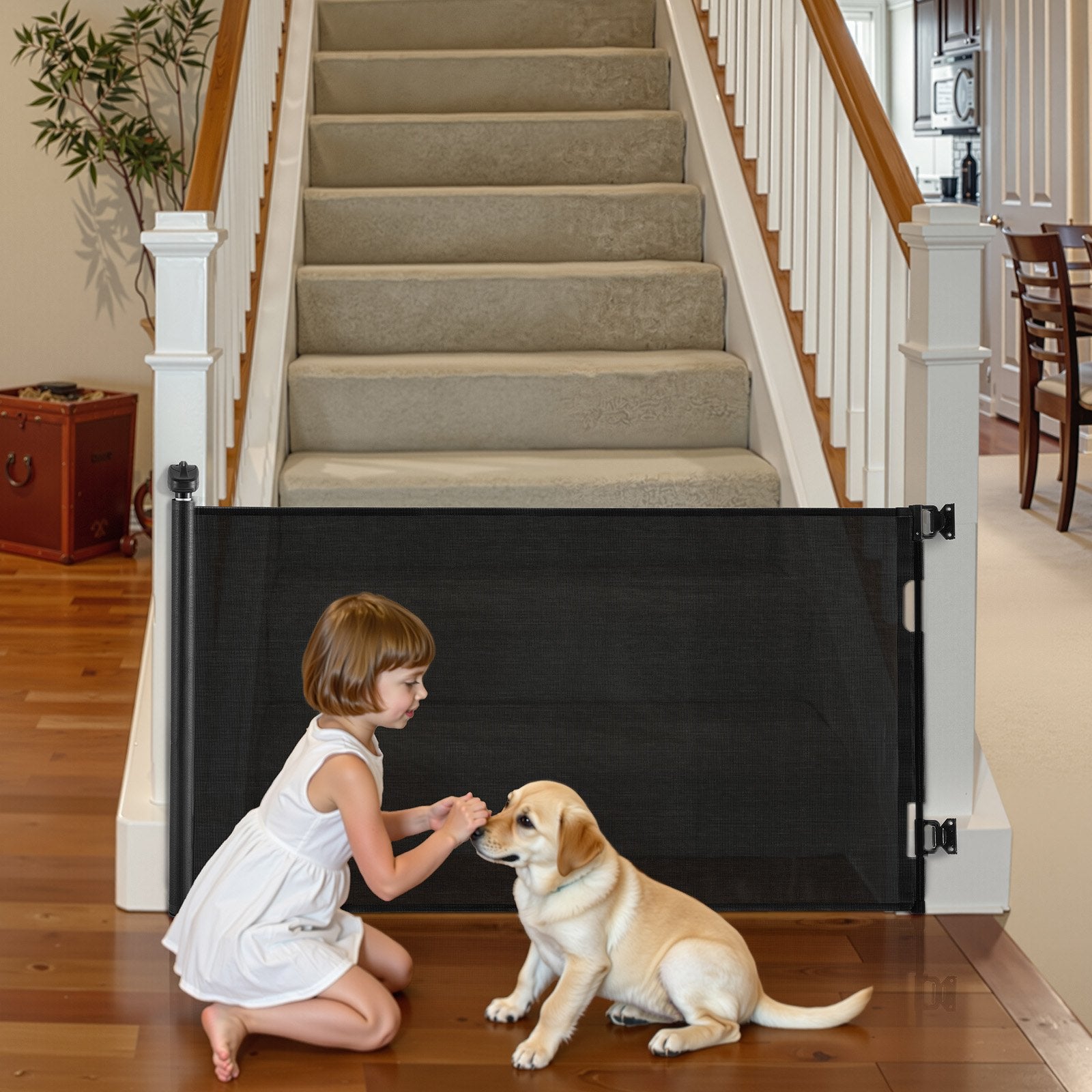 Einziehbares Babygitter Hundegitter Ausziehbar Auf 143 Cm (B) / 795 Mm (H), Treppenschutzgitter Mit Sicherheitsschloss, Schutzgitter Aus Netzgewebe Für Treppen Flure Drinnen/draußen, Schwarz