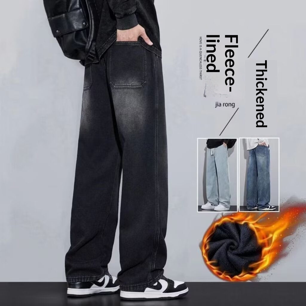 Men's Thickened Black Denim Jeans For Autumn And Winter