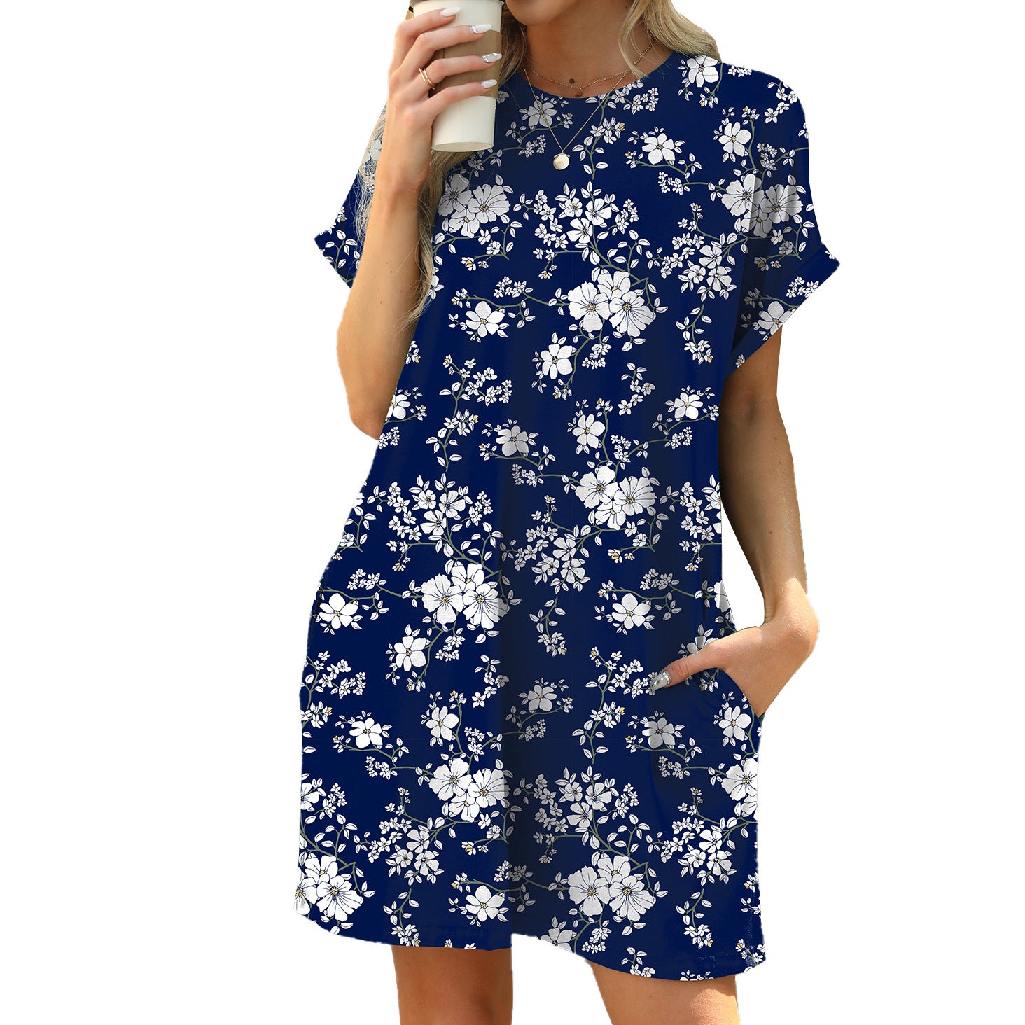 Loose Round-Neck Short-Sleeve Printed Pocket Dress