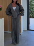 Gray Loose V-Neck Top & Wide-Leg Pants Two-Piece Set